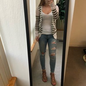 Green & White Striped Open Front Cardigan